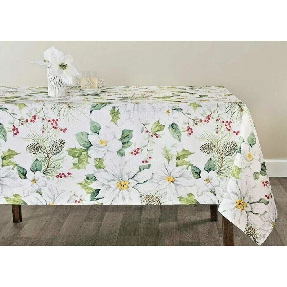 Christmas Winter White Poinsettia Fabric Tablecloth 60 RD Textured Jacquard